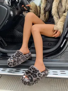 Women's Furry Slippers Soft Sole Leopard Print Warm Indoor Outdoor Fuzzy Slides Open Toe Plush Adjustable Fluffy House Slippers