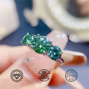 Vintage Moissanite Ring 925 Sterling Silver | 2/4 Carat Round Emerald Three Stone Design, Romantic Engagement Synthetic Jewelry, Anniversary Ring and Sweet Gift, with Moissanite GRA Certificate and Gift Box Packaging
