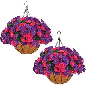 2 Pcs Artificial Hanging Plant and Flower Basket Realistic Silk Morning Glory UV Resistant for Spring Summer Outdoor Porch Patio Balcony Garden Decor