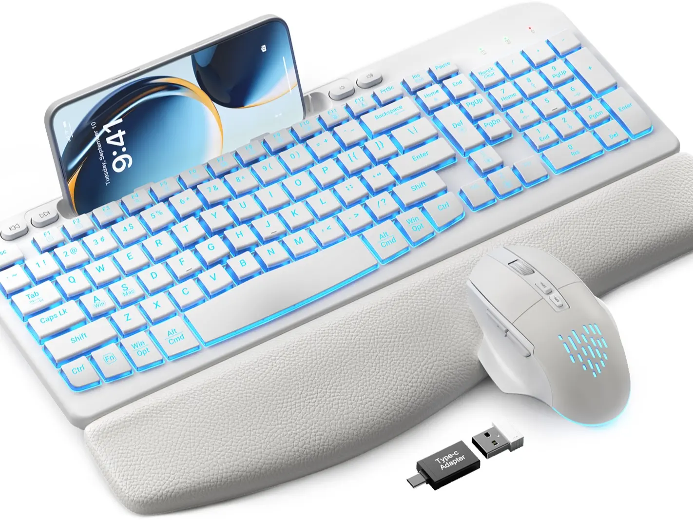 SABLUTE MA22 Pro Ergonomic Wave Keyboard & RGB Mouse Combo! （non Bluetooth) Leather Wrist Rest, Phone Holder—Game-Changing Setup!