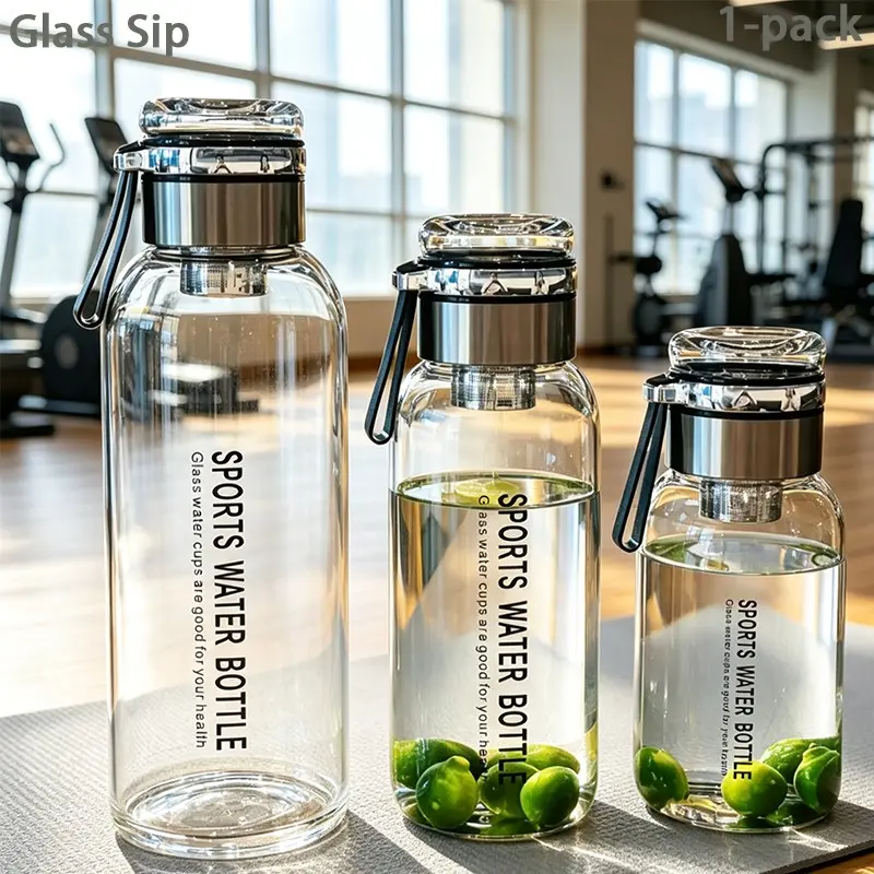 Large Capacity Borosilicate Glass Water Bottle with Stainless Steel Tea Infuser, Protective Sleeve and Carry Strap, BPA Free Lead Free Heat Resistant for Hot Cold Beverages, Leak Proof Dishwasher Safe for Gym Fitness Hiking Camping Travel, Drinkware