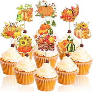32 Pcs Fall Pumpkin Cupcake Toppers Harvest-Themed Thanksgiving Cake Decorations with Sunflower Squash and Gourd Designs Autumn Cupcake Picks for Thanksgiving Fall Festival