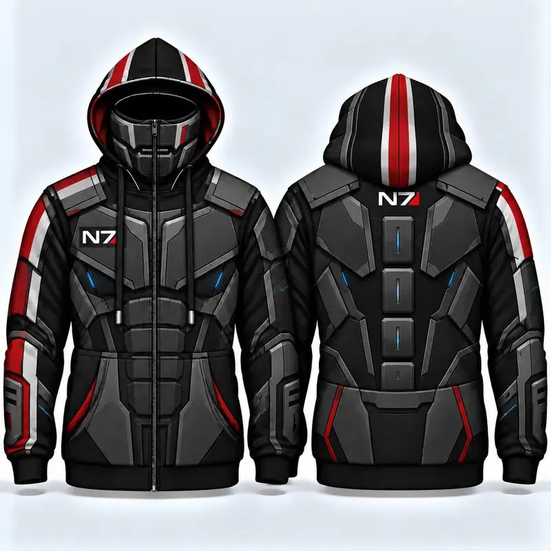 Sci Fi Space Commander Full Zip Balaclava Hoodie, Built In Face Mask Zip Up Jacket, Futuristic Tactical Armor Graphic Print Sweatshirt, Unisex Oversized Gamer Streetwear, Galactic Warrior Cosplay Outfit for Men Women