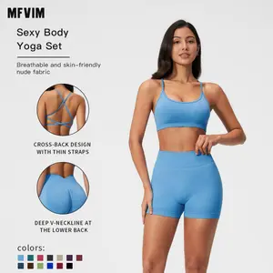 MFVIM women’s summer sports casual set: thin-strap cross-back bra with a beautiful back design and high-waisted solid-color butt-lifting shorts—two-piece yoga/fitness set