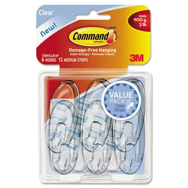 Command Clear Hooks & Strips Plastic Medium 6 Hooks with 12 Adhesive Strips per Pack