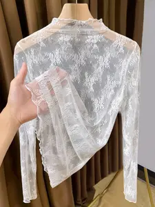 Women's Lace Long Sleeve Top, Half High Neck Design, Elegant Mesh Fabric, Perfect Inner Layer for Fall & Winter