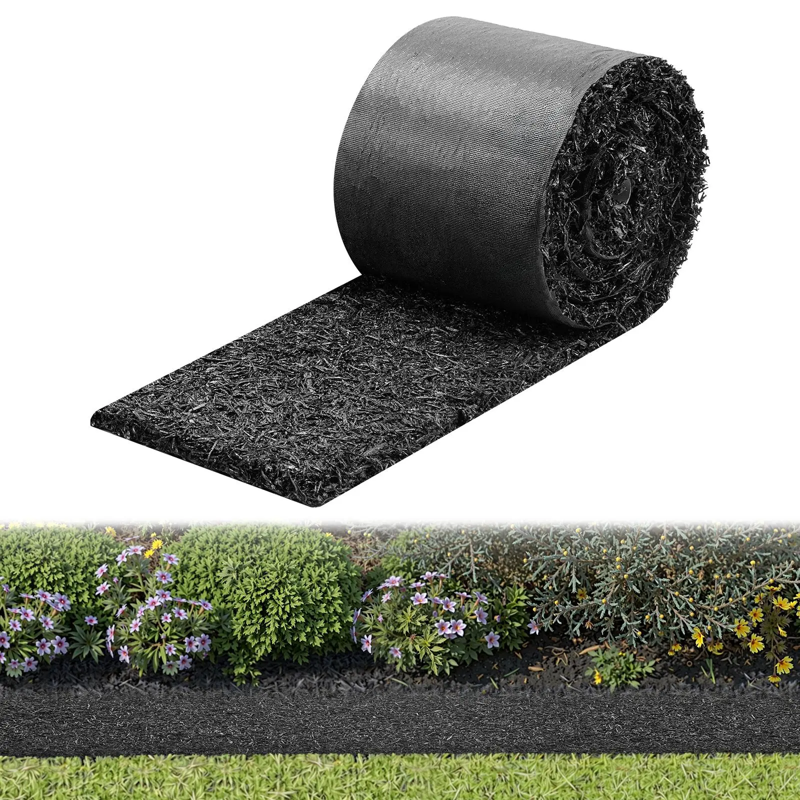 VEVOR Rubber Mulch Mat Roll, 140 x 4.5 in, Recycled Rubber Permanent Mulch Edging Border, Natural-Looking Flower Barrier with Stakes, 0.5 in Thick Cuttable Garden Edgings for Landscaping#BackToSchool