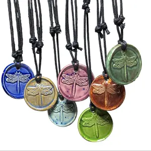 Handmade Ceramic Dragonfly Pendant Green Orange Boho Hippie Whimsical Adjustable Black Rope Cord Choker Stacking Necklace jewelry
