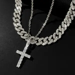 Iced Out Moissanite Criss-Cross Pendant Necklace with Cuban Link - Gold-Toned, Diamond, Glitter Diamond Religious Hip Hop Costume Jewelry for Autumn Rappers, Criss-Cross Shaped Necklaces, Diamond Cross Necklaces chain men