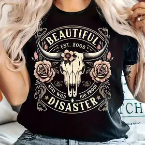 Women's Casual T-Shirt - Round Neck, Short Sleeve, Stretchy Knit, Western Style Cow Skull & Floral Graphic Tee, Comfortable All-Season Wear