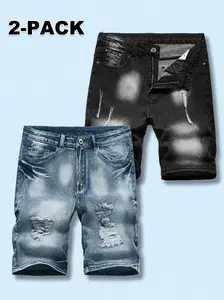 New Summer Street Style Men’s Distressed Washed Denim Shorts, 2-Pack – Casual Wear for Camping & Cycling, Versatile for Multiple Scenarios