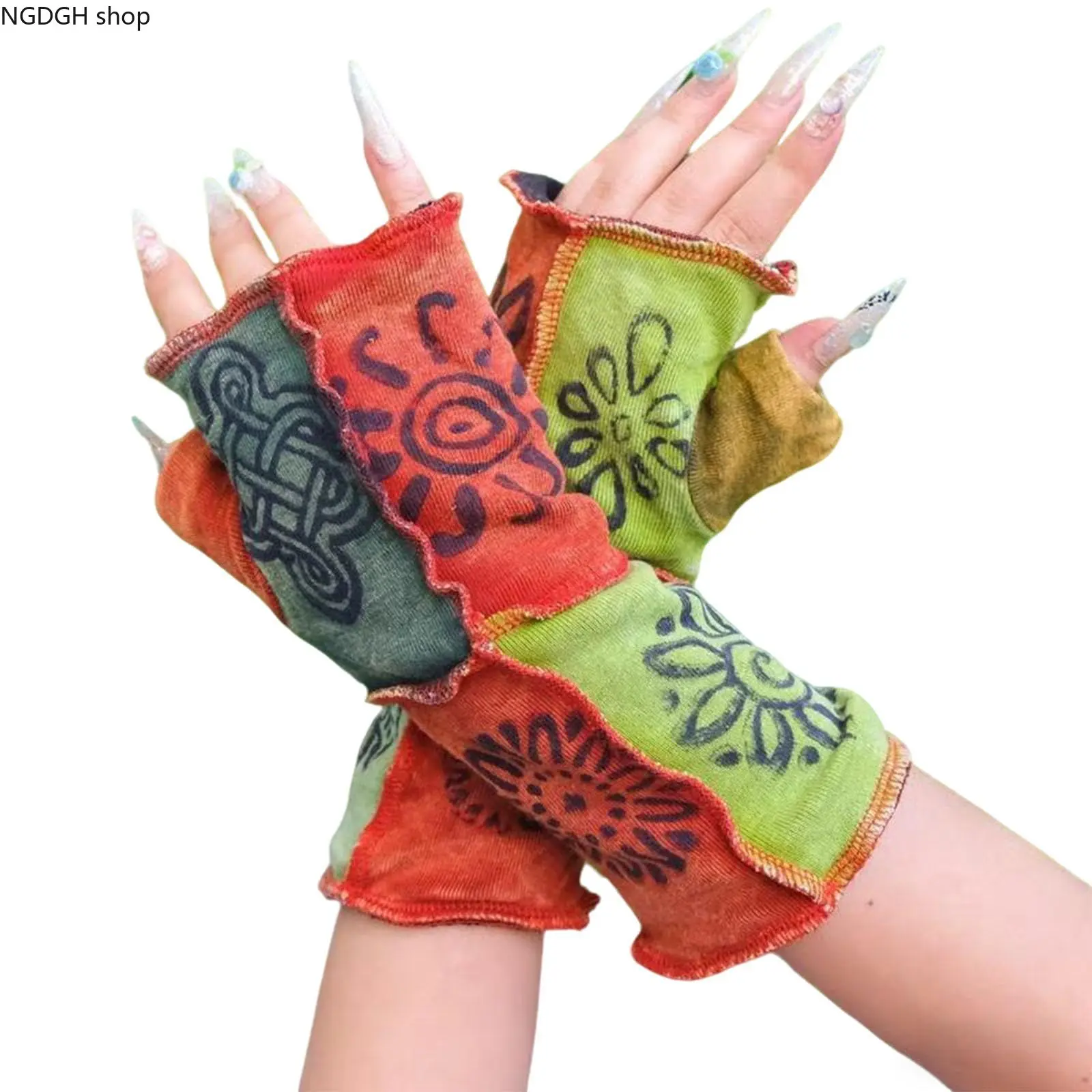 Bohemian Patchwork Cotton Knit Fingerless Gloves - Soft Arm Warmers with Funky Floral Sun Print, Hippie Party & Festival Accessories for Casual Wear (Sports & Outdoor Clothing)