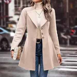 Women's Winter Overcoat Single-Breasted Peacoat Long Lapel Collar Juniors Fashionable Outerwear Classic Elegant Warm Soft Viscose Fabric Essential Jackets