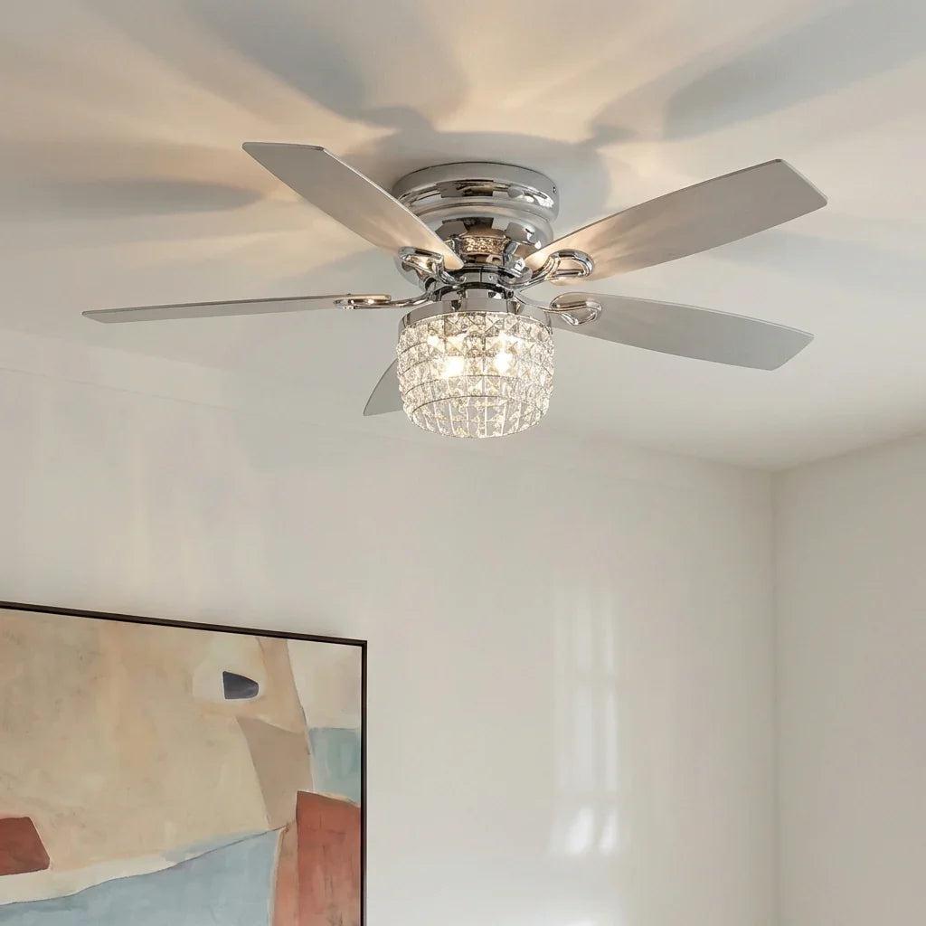 52" Panipat Modern Chrome Flush Mount Crystal Ceiling Fan with Light & Remote Control