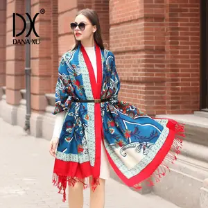 DANA XU 100% Merino Wool oversized Pashmina Blanket Long chunky Scarf Soft Cashmere Wrap  Women's Open Front Shawl Floral Fashion poncho