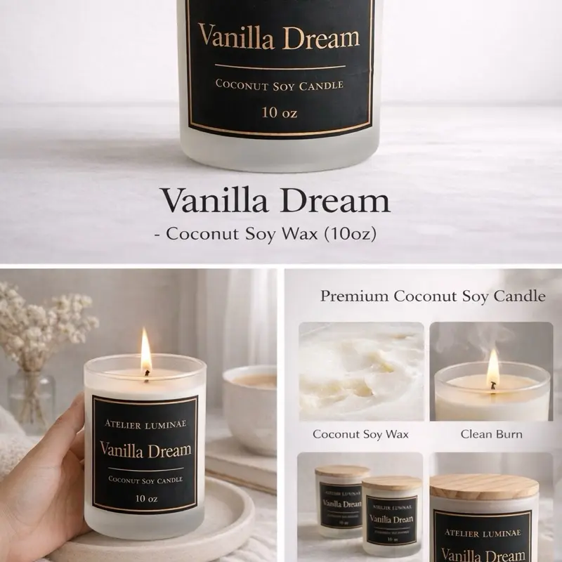 Atelier Luminai Vanilla Dream Coconut Soy Candle 10oz , 8 oz, 4 oz  Premium Clean Burn Aromatherapy Home Decor