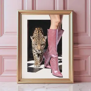 1pc Fashion Pink Boots Print Wall Art Vintage Leopard Poster Canvas, Frameless Retro Glam Wall Decor For Bedroom/Dorm/Party, Chic Girly Luxury Digital Print, Perfect Gift & Room Decor (Funky Posters, Aesthetic Prints, Wall Prints)