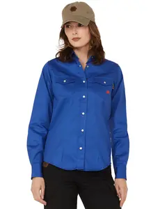 Forge Workwear Women's Women'S Fr Solid Long Sleeve Snap Stretch Work Shirt - Lfrsld-Blu