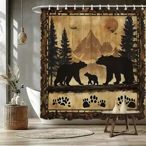 Bear & Forest Pattern Bathroom Decor Set, 1 Set Including Shower Curtain & Toilet Lid Cover & Mat & Toilet Lid Cover, Bathroom Accessories
