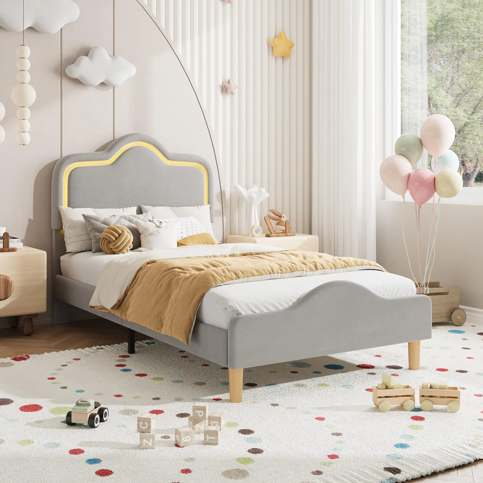 Garvee - Single Size LED Bed Frame with Adjustable Headboard and Footboard, Princess Upholstered Velvet Platform Bed Frame for Boys and Girls, Wooden Slat Support