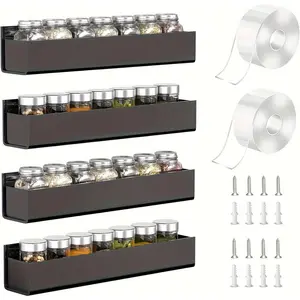 4-Pack Adhesive Acrylic Spice Rack Storage Rack with Nano Double Sided Tape, Spice Rack for Kitchen Cabinet Door/Pantry Door, Wall Mounted Spice Rack