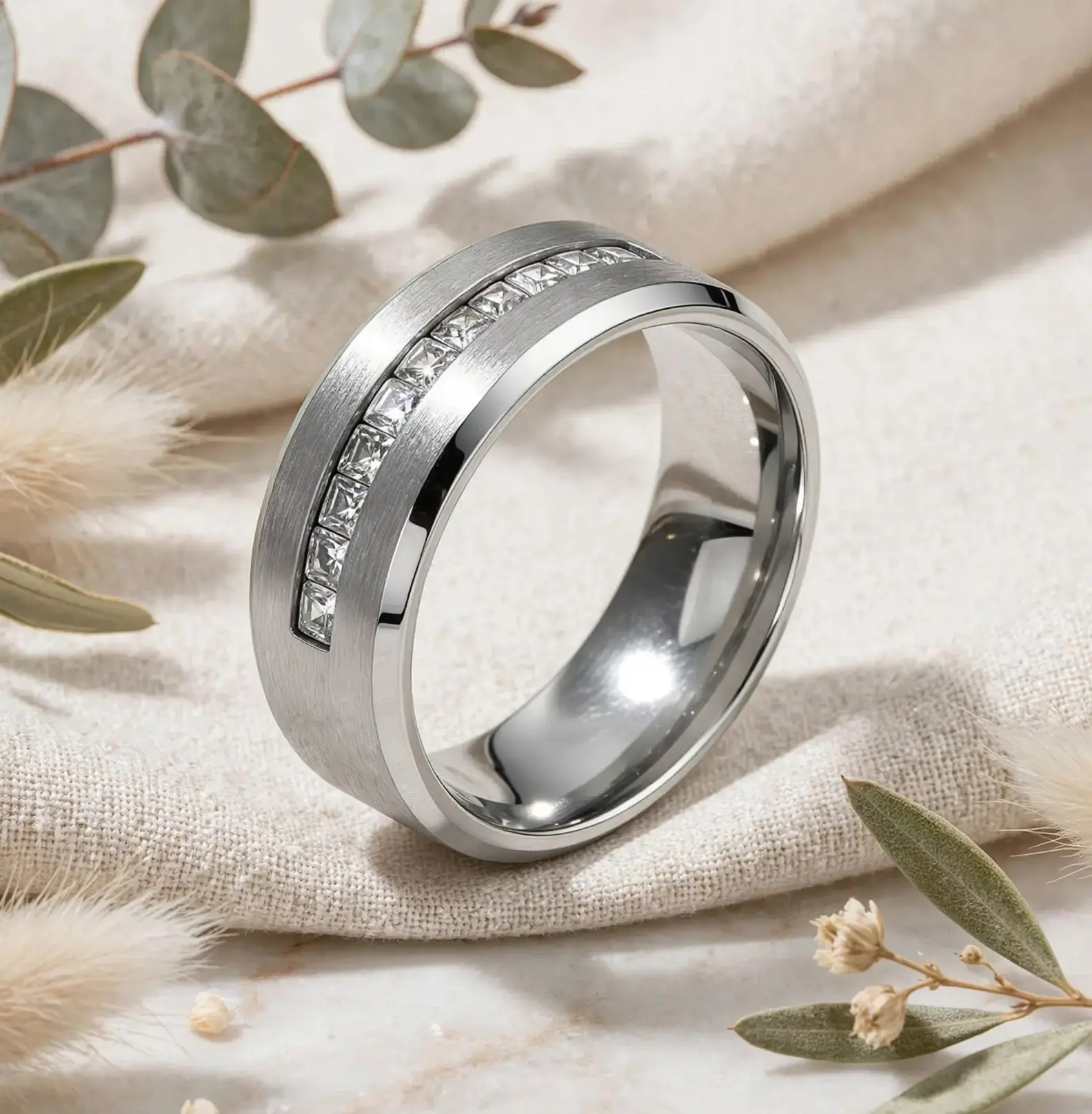 Steel-colored square-cut diamond ring, 6mm and 8mm titanium beveled diamond ring, perfect couple's gift, stainless steel diamond ring, set with princess-cut diamonds, smooth luxury ring#9-12, holiday gift, birthday gift.
