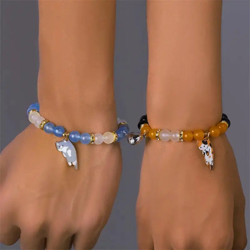 Couples Bracelets Set, 2-Piece Casual Beaded Jewelry with Magnetic Heart Cat Pendants, Blue and Yellow Romantic Gift for Him and Her, Magnetic Bangle, Bangle Bracelets, Romance