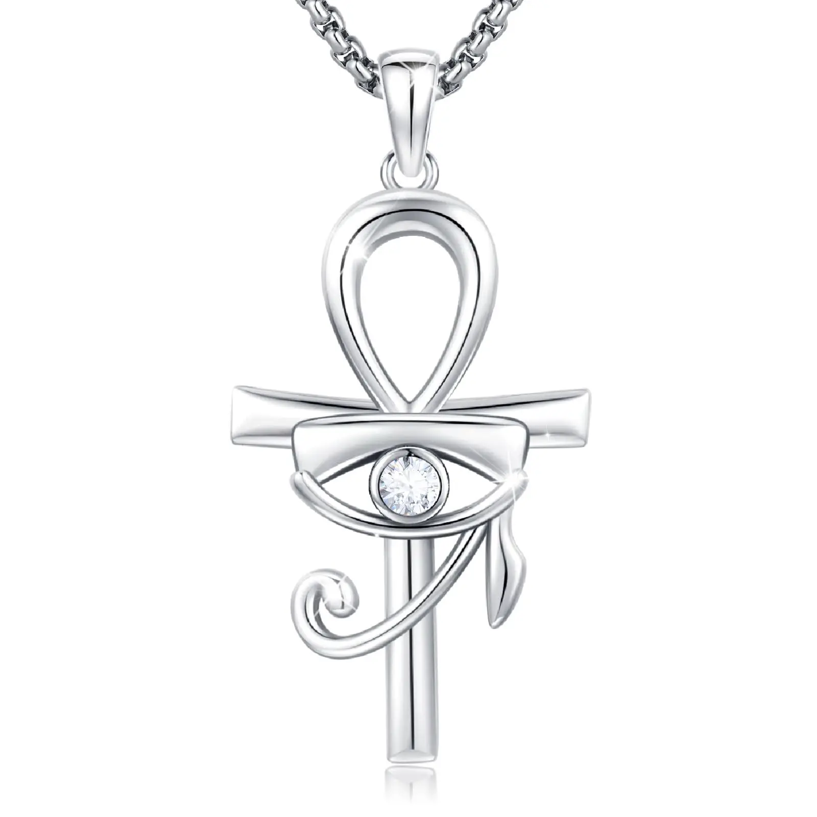 Audinceed S925 Sterling Silver Ankh-Eye of Horus Necklace, Unisex Spiritual Protection Pendant Amulet Jewelry Gift for Male, Birthday, Friends, Anniversary