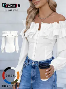 Women's Long Sleeve One Shoulder Ruffle Slim Fit Shirt Blouse, Casual Plain Woven Fabric, All Seasons Fashion Top, Elegant Women's Clothing