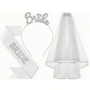 3-Piece Bridal Set Including Veil Rhinestone Hairband Pearl Bride sash Perfect for Bride shower Bridesmaid Photoshoots Bachelorette Party Costume Gift Trailing Veil Wedding Veil Wedding Veils for Brides