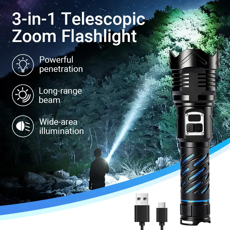 Qawtor Rechargeable Tactical LED Flashlight - Super Bright High Lumens Torch with Adjustable Zoom, 6 Modes, USB-C Charging, IPX7 Waterproof, Portable Flash Light for Camping, Outdoor & Emergency