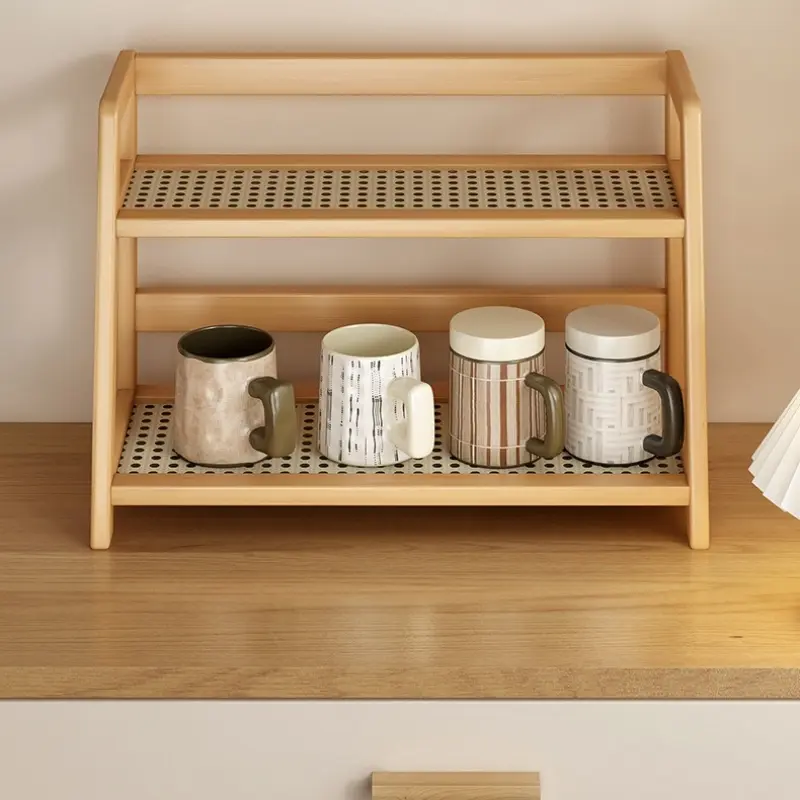 Storage rack, Coffee bar storage, imitation rattan cup holder, double-layer desktop miscellaneous items, water cup dormitory kitchen organizing rack, Kitchen Organization, Kitchen Organizer