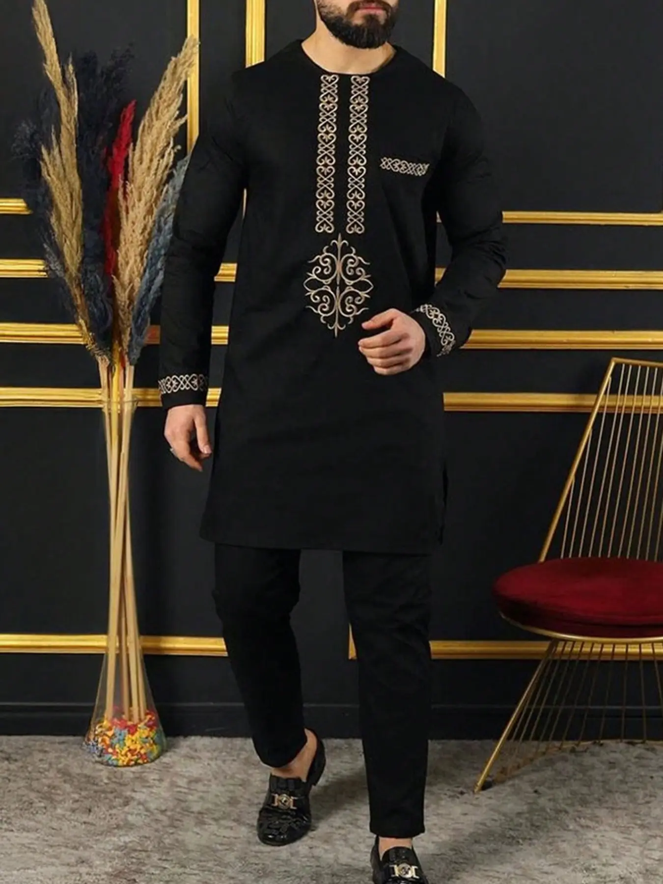 Men's Muslim Style Kaftan Set, Round Neck Long Sleeve Embroidery Design, Casual African Blouse and Pants, Wedding Party Business Gift