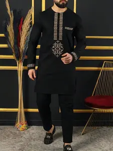 Men's Muslim Style Kaftan Set, Round Neckline Long Sleeve Embroidered Detailing, Casual African Blouse and Pants, Wedding Party Business Gift Ready