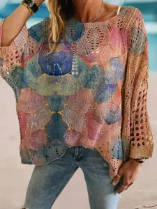 Spring Summer Fashion Women's Tie-Dye Color Block Long Sleeve Knit Top, Hollow Batwing Sleeves, Elegant Floral Pattern Sweater