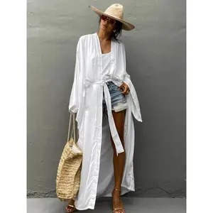[Lightweight Kimono Cardigan] Lightweight Women's Casual Long Kimono Cardigan - V-Neck, Asymmetrical Hem, Beach Cover-Up, Solid Color, All-Season Wear, Summer Outerwear, Flowing Design, Quality Weave