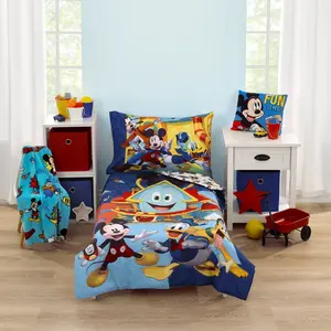 Disney Mickey Mouse Funhouse Crew Blue, Red and Yellow, Funny, Donald Duck, Goofy and Pluto 4 Piece Toddler Bed Set - Comforter, Fitted Bottom Sheet, Flat Top Sheet, and Reversible Pillowcase