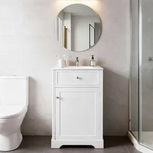 White Bathroom Vanity 20 Inch Wide Single Sink Vanity with White Ceramic Top Soft Close Door Storage Cabinet 34 Inch Height 18 Inch Depth Small Space Bathroom Furniture Modern Farmhouse Freestanding Vanity Unit
