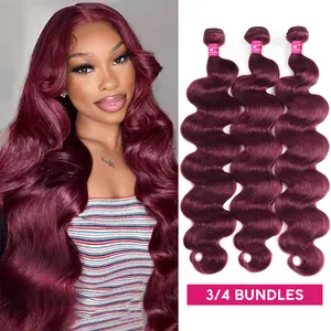 99J Burgundy Body Wave Bundles Dark Red Colored Human Hair Weave 12-28 Inch Quick Weave Extensions 1 3 4 Bundles