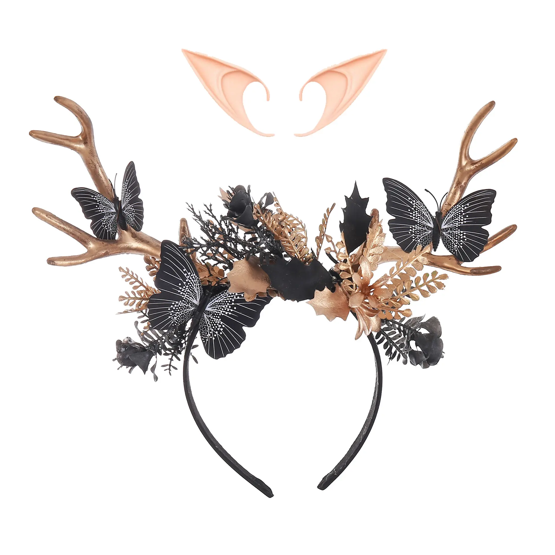 GentleLie Handmade Female Gothic Antlers Headpiece with Black Butterflies - Elf Ears, Halloween Fairy Headpieces, Dark Forest Witch Hair Accessory for Women, Cosplay Party Crown