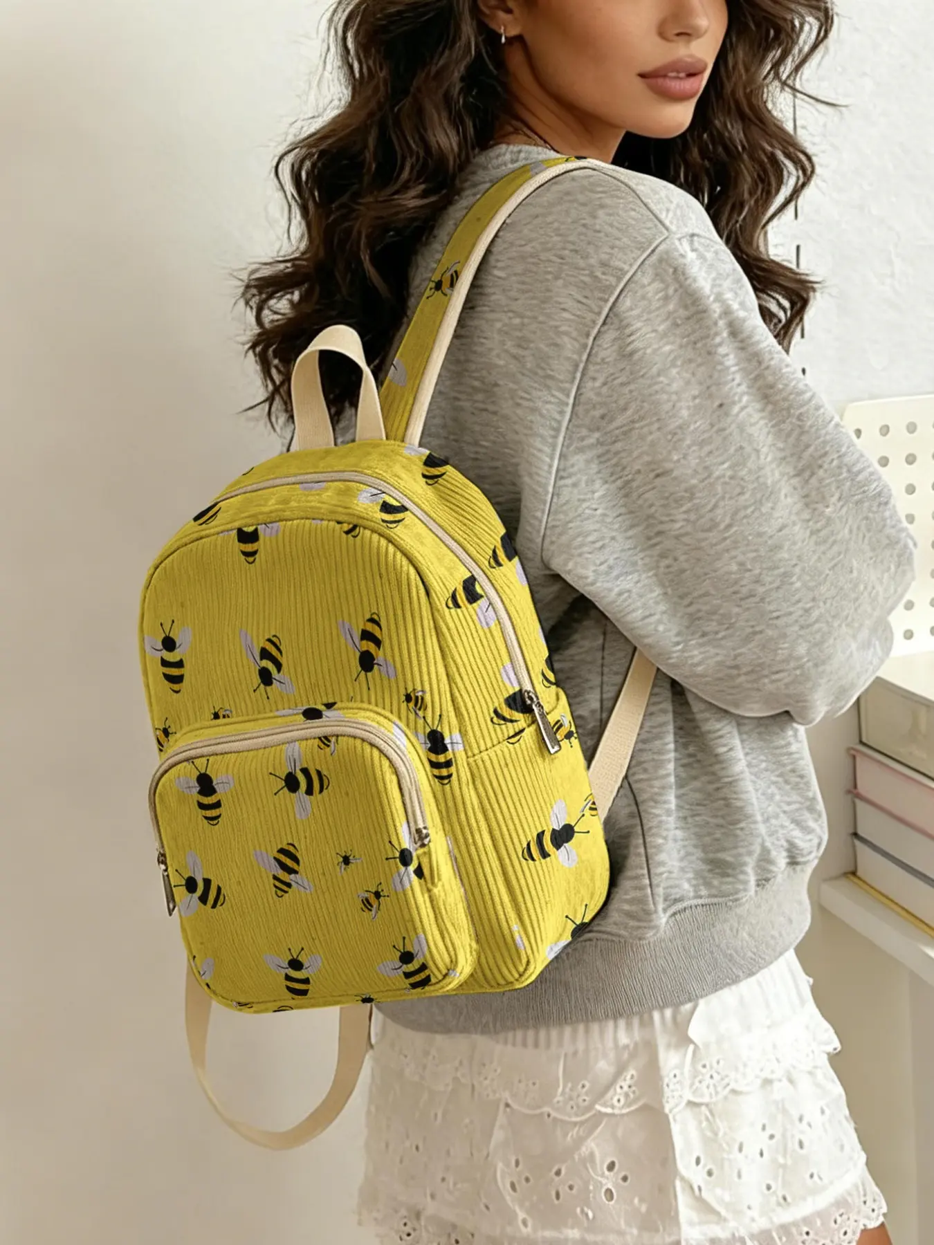 1 piece of lady's double shoulder bag with 2D printed bee pattern, chenille texture + layered storage + light weight reduction | perfect for students to go to class/shopping/short trips | combination of atmosphere and practicality