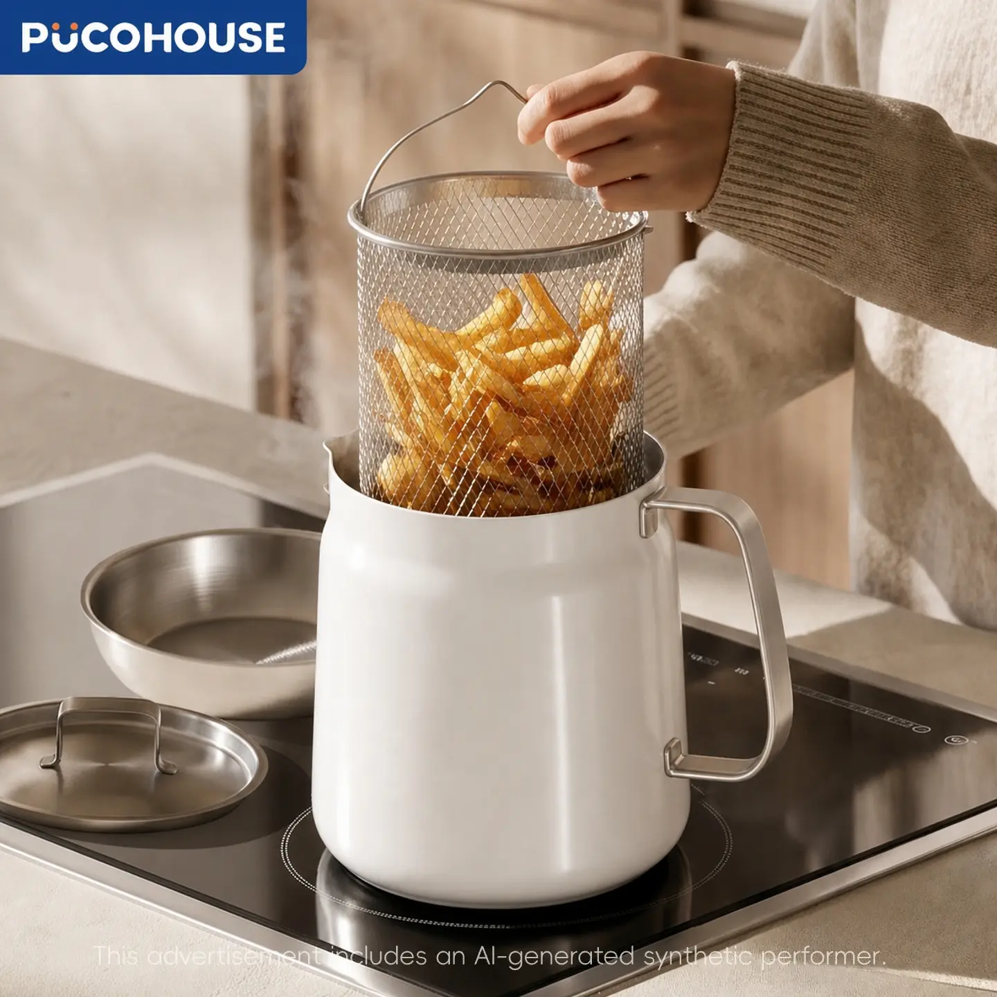 PUCOHOUSE 304 Solid Stainless Steel Deep Fryer Pot with Mesh Basket, Strainer Filter Oil Dispenser & Cooking Oil Container - White Minimalist, Large Capacity, Detachable, Easy Clean, Dishwasher Safe Kitchen Gadget for Kitchen, Camping