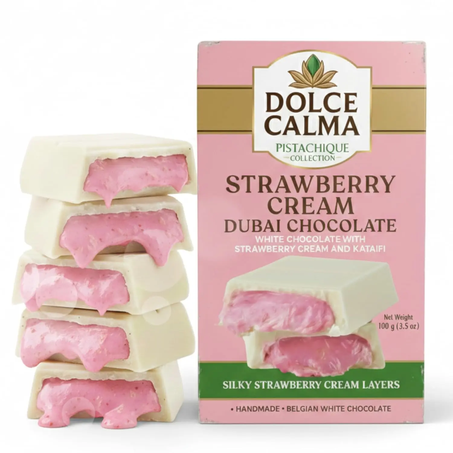 Dolce Calma Dubai Chocolate Bar Strawberry (100g / 3.5oz) – Viral Authentic Handmade Belgian Chocolate with Turkish Pistachio & Crispy Kataifi, Premium Quality Candy, Cream Kunafa Filling, No Palm Oil - Pack of 3