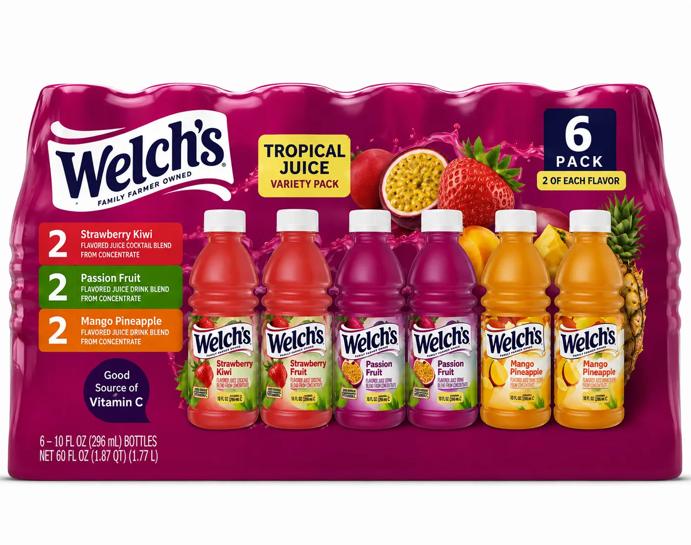 Welch’s Tropical Juice Variety Pack, 10 fl oz Bottles, 6 Count – Strawberry Kiwi, Passion Fruit & Mango Pineapple