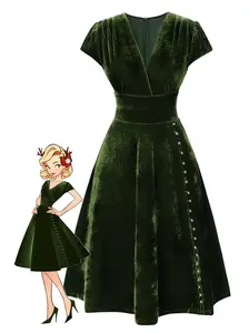 1940s Deep V-Neck Pearl Velvet Dress with Fur Buttons Vintage Casual Polyester Green Womenswear