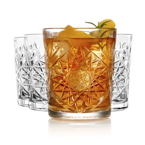 Libbey Hobstar Double Old Fashioned Glasses, Clear Cut Glass Drinking Glasses Set of 4, Durable, Vintage Whiskey Glasses for Cocktail, Drinks and More
