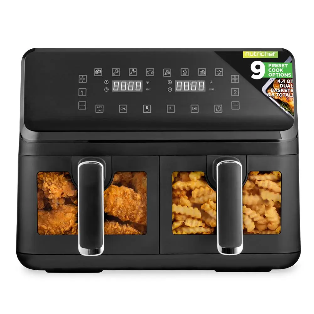 NutriChef 4.4Qt Dual Basket Air Fryer - 1700W Oil-Free Air Fryer with Viewing Window, 9 Preset Programs, Touch Screen, Adjustable Temperature & Timer, Nonstick Baskets & 360° Hot Air Circulation - Countertop Kitchen Appliance
