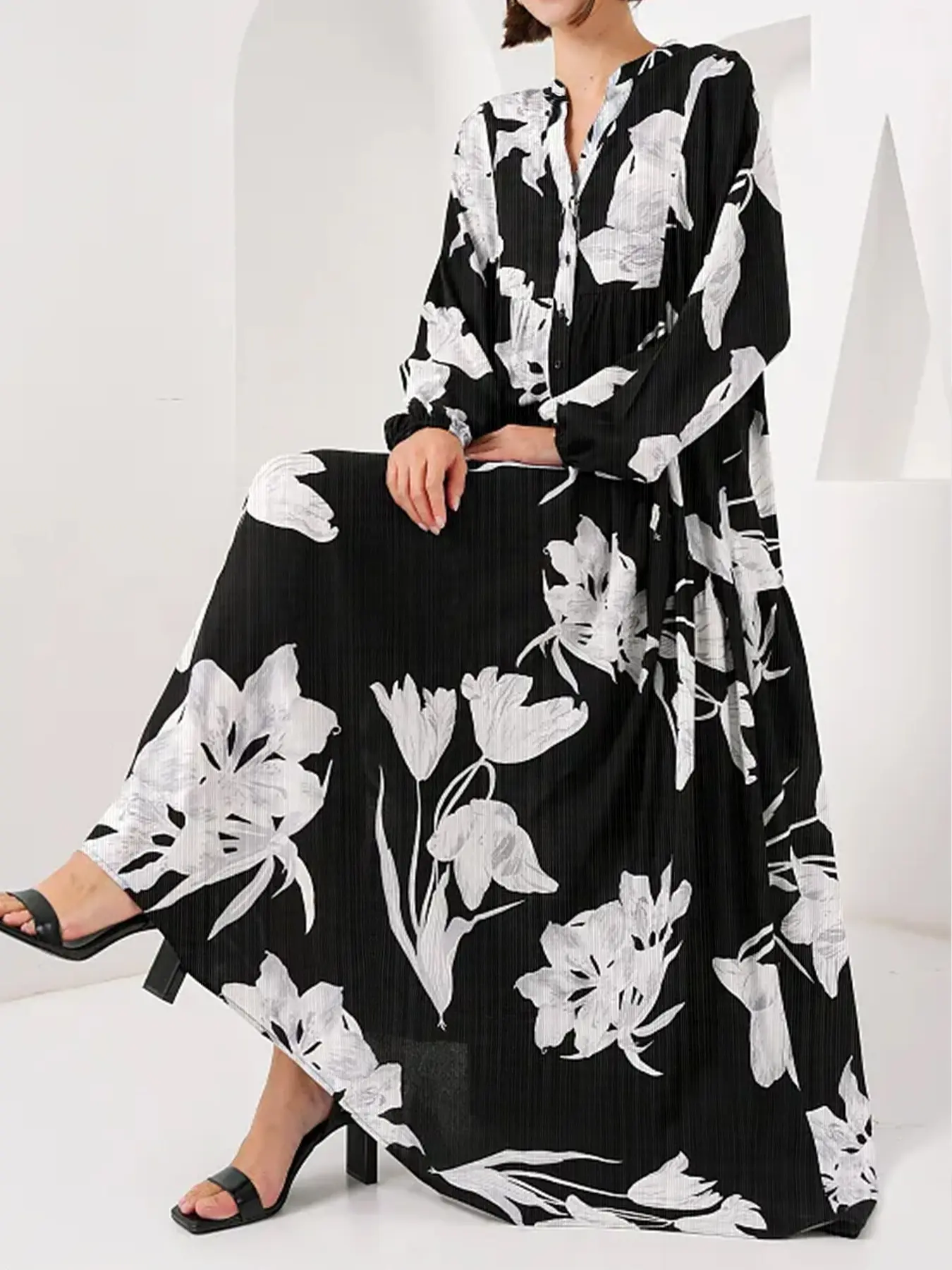Women's Elegant Feminine Floral Print Long Dress, V Neck Batwing Sleeve Straight Tube Half Button Front, Casual Wear Vacation, All Seasons Womenswear