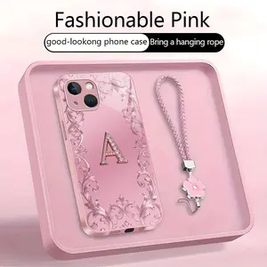 Suitable for [iPhone 14] high-end women's phone case🥰，free four-leaf clover lanyard included—choose any one of the 26 letters. Drop-resistant and fingerprint-proof. YM99