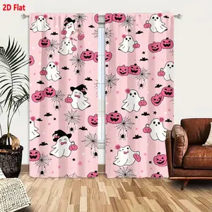 2D Flat  Pink Halloween Curtain 2-Pack, Whimsical Ghost Pumpkin Spider Bat Pattern Light Pink Background with Stars Dots, Cute Spooky Decor for Bedroom Living Room, Kids Room Halloween Party Decoration